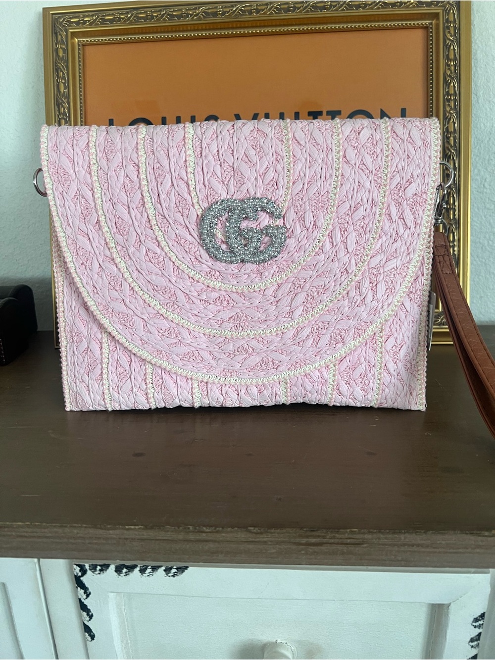 Pink Embellished Raffia Crossbody Bag